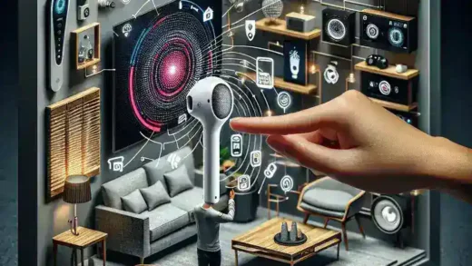 "Ilustrasi Pixel Buds yang terhubung dengan sistem rumah pintar, menunjukkan fitur integrasi suara dan kontrol pintar untuk pengalaman mendengarkan yang lebih baik."