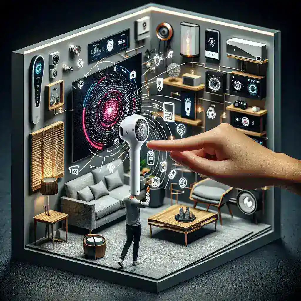 "Ilustrasi Pixel Buds yang terhubung dengan sistem rumah pintar, menunjukkan fitur integrasi suara dan kontrol pintar untuk pengalaman mendengarkan yang lebih baik."