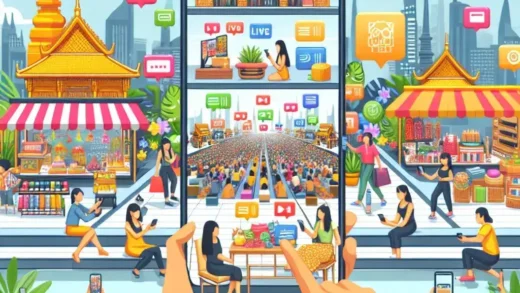 "Pengguna TikTok berinteraksi dengan fitur belanja live di platform, menampilkan produk-produk saat acara siaran langsung di pasar Asia Tenggara."