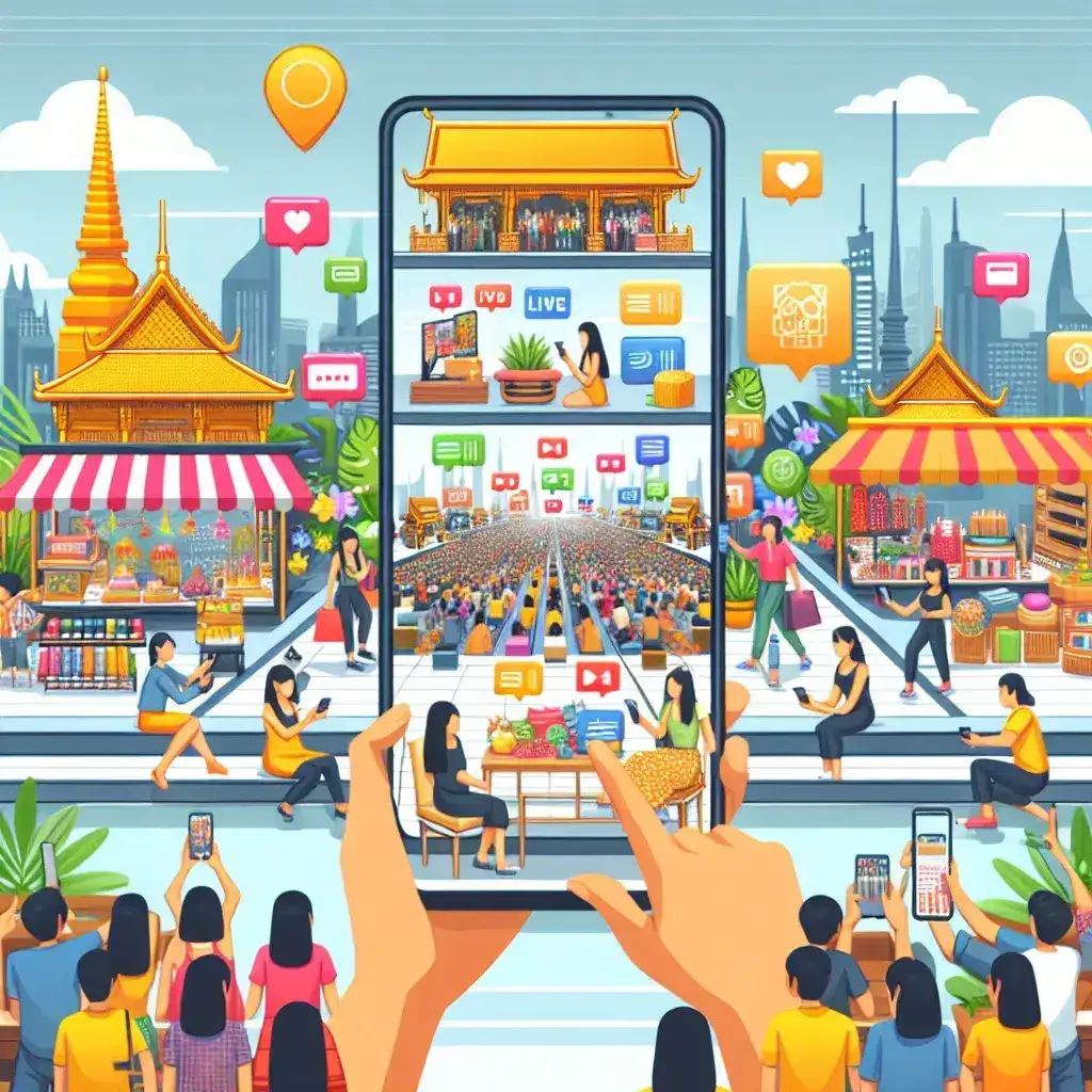 "Pengguna TikTok berinteraksi dengan fitur belanja live di platform, menampilkan produk-produk saat acara siaran langsung di pasar Asia Tenggara."