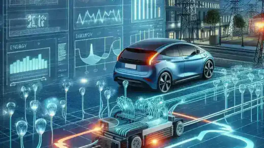 "Ilustrasi implementasi teknologi Vehicle-to-Grid yang menunjukkan mobil listrik terhubung ke jaringan listrik, mendemonstrasikan bagaimana kendaraan dapat mengalirkan energi kembali ke grid untuk optimalisasi jaringan listrik."