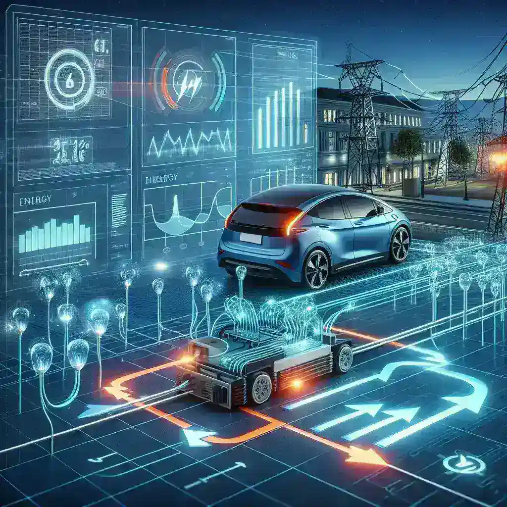 "Ilustrasi implementasi teknologi Vehicle-to-Grid yang menunjukkan mobil listrik terhubung ke jaringan listrik, mendemonstrasikan bagaimana kendaraan dapat mengalirkan energi kembali ke grid untuk optimalisasi jaringan listrik."