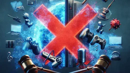 "Ilustrasi pengumuman FTC mengenai pembatalan kasus akuisisi Microsoft terhadap Activision Blizzard senilai $69 miliar, menampilkan logo Microsoft dan Activision Blizzard dengan latar belakang gedung FTC."