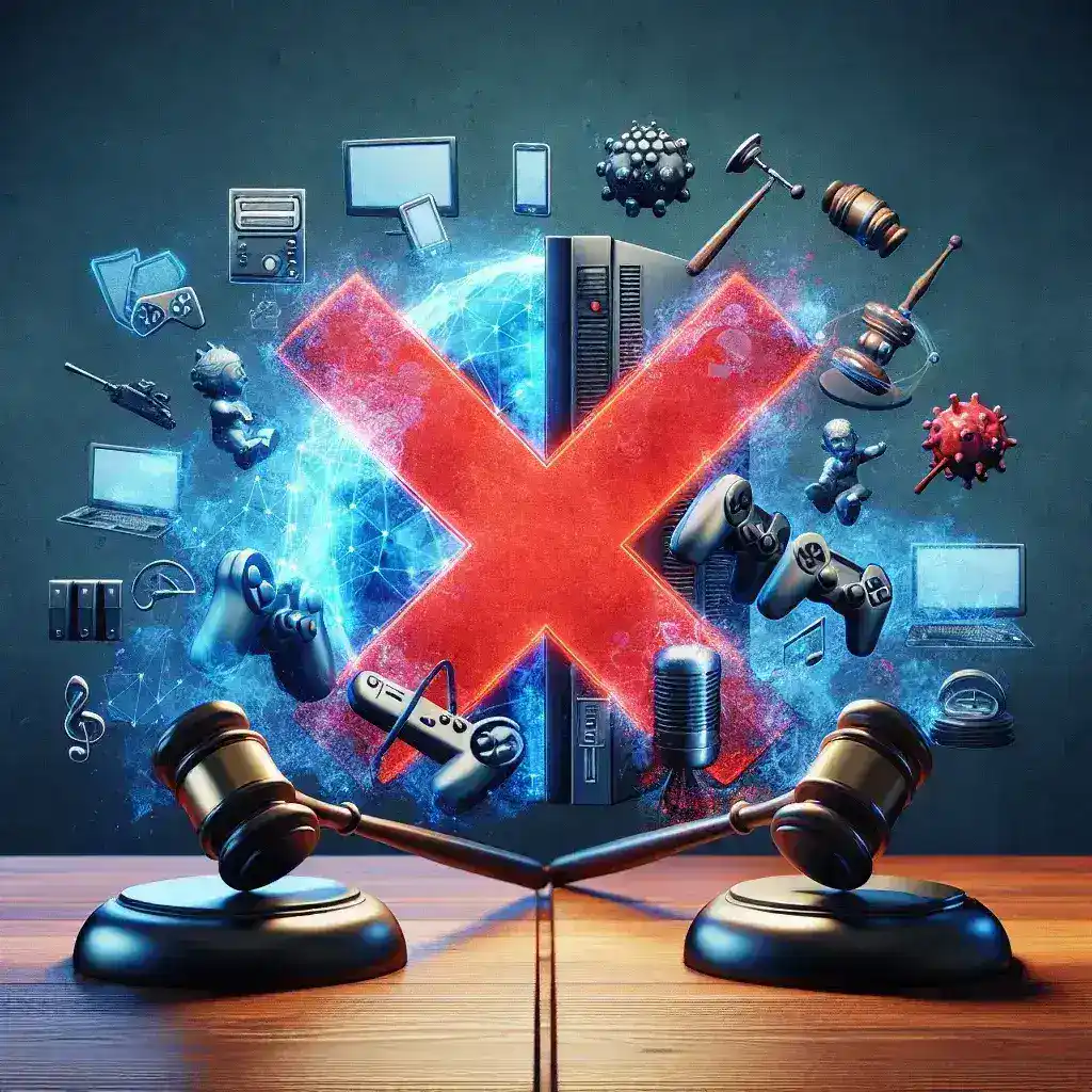 "Ilustrasi pengumuman FTC mengenai pembatalan kasus akuisisi Microsoft terhadap Activision Blizzard senilai $69 miliar, menampilkan logo Microsoft dan Activision Blizzard dengan latar belakang gedung FTC."