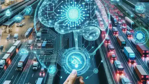"Ilustrasi penggunaan teknologi AI untuk meningkatkan efisiensi operasional di sektor transportasi, menampilkan tren digitalisasi dan otomatisasi dalam pengelolaan logistik dan sistem angkutan."