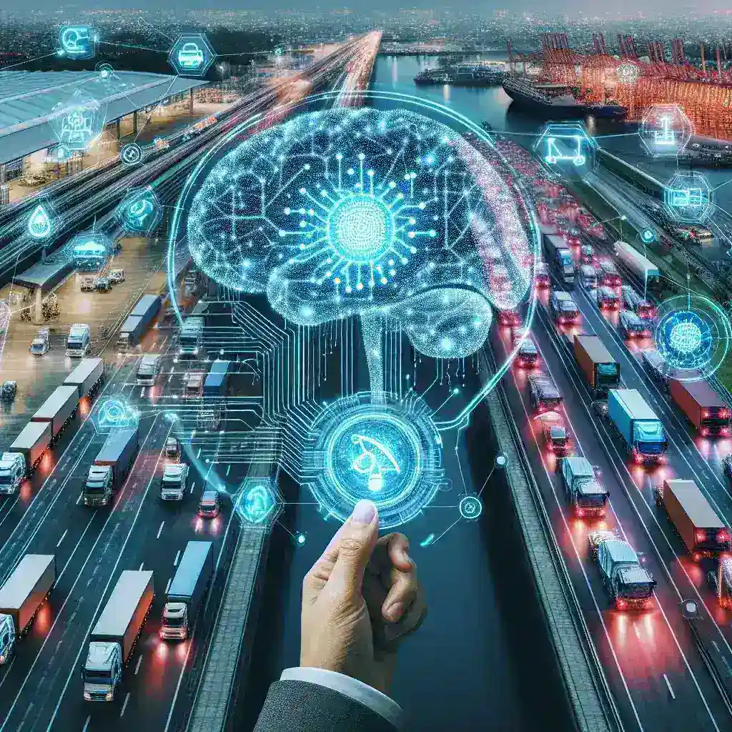 "Ilustrasi penggunaan teknologi AI untuk meningkatkan efisiensi operasional di sektor transportasi, menampilkan tren digitalisasi dan otomatisasi dalam pengelolaan logistik dan sistem angkutan."