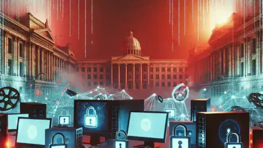"Ilustrasi dampak ransomware pada layanan pemerintahan yang terganggu, menampilkan layar komputer dengan pesan serangan siber dan petugas IT yang menangani situasi darurat."