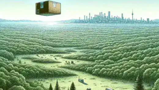 "Amazon drone delivery technology capable of reaching distances up to 50 km, showcasing innovative logistics solutions for efficient parcel shipping."