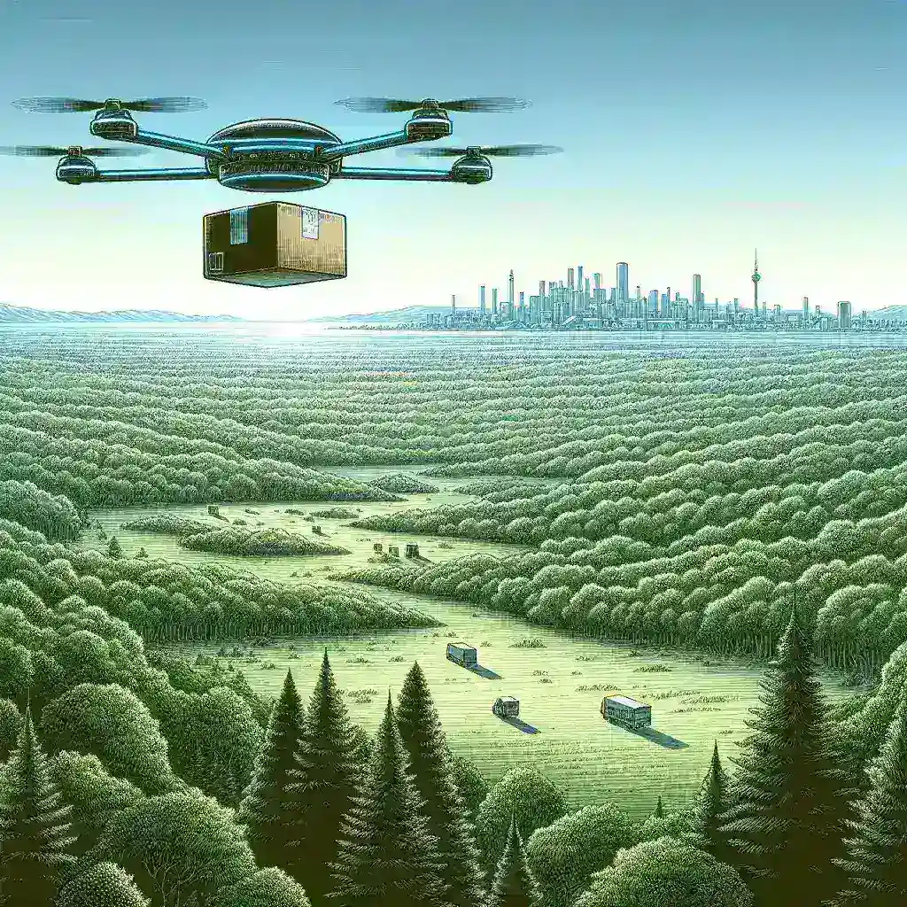 "Amazon drone delivery technology capable of reaching distances up to 50 km, showcasing innovative logistics solutions for efficient parcel shipping."